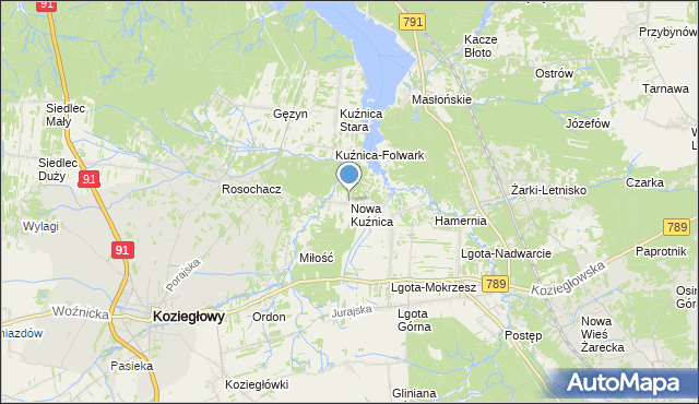 mapa Nowa Kuźnica, Nowa Kuźnica gmina Koziegłowy na mapie Targeo